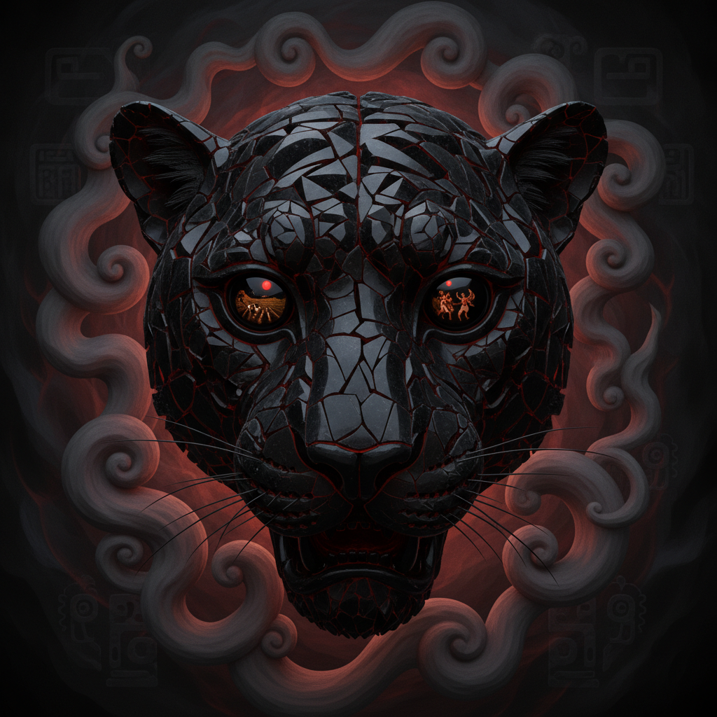 Jaguar's Obsidian Gaze: Echoes of Toil by Tezcatlipoca