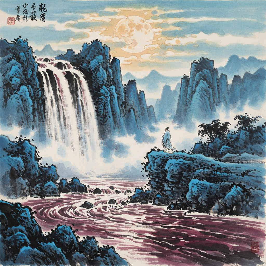 Crimson Waters, Immortal's Gaze, and the Moonlit Torrent by Li Bai