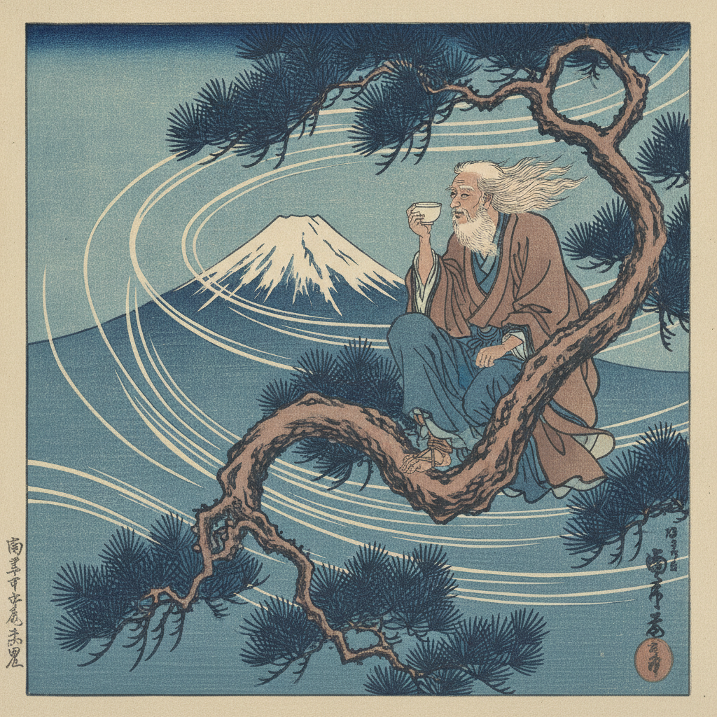 Drinking Wine Alone Under Mount Fuji by Katsushika Hokusai