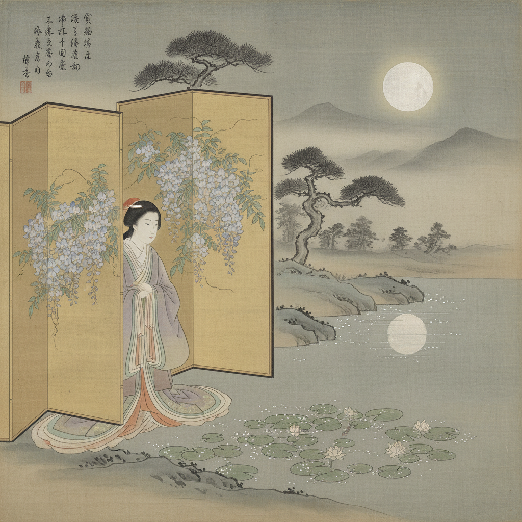 Glimpsing the Dew-Kissed Moon by Murasaki Shikibu