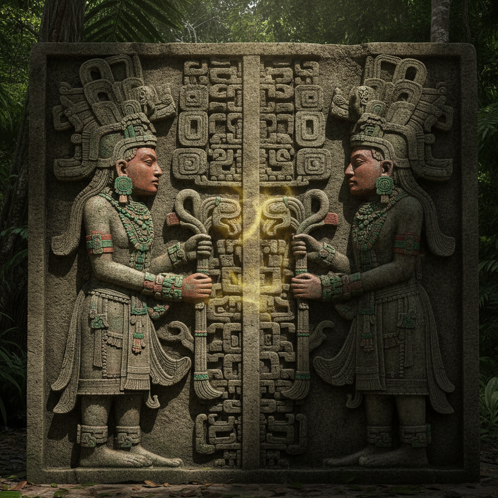 Stela of the Dual Sovereigns and Radiant Ch'ulel by Lady Six Sky