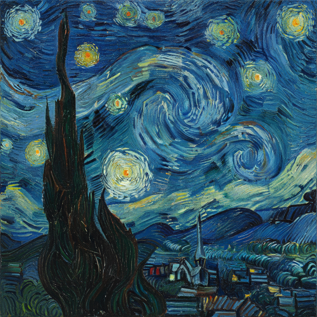 Cypress Beneath a Tormented Sky of Cobalt and Gold by Vincent van Gogh