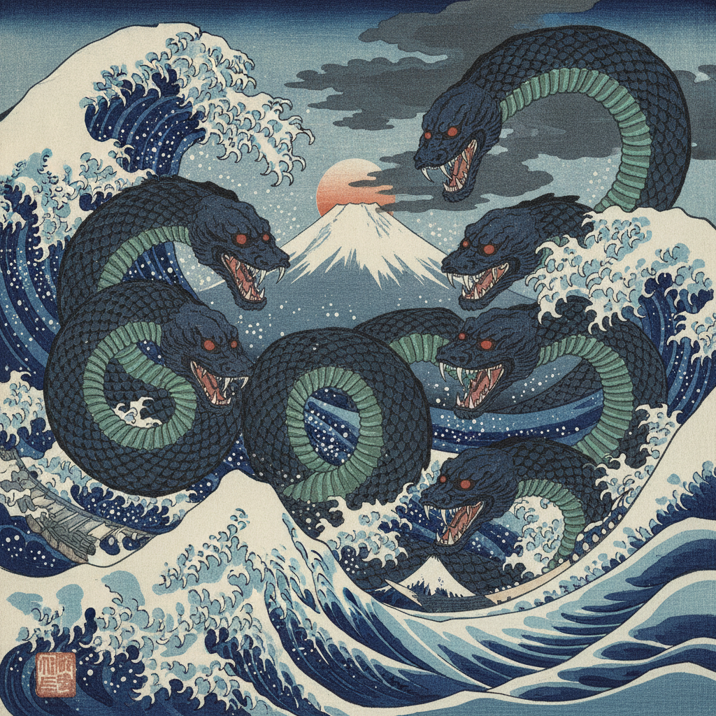 Orochi's Wrath Beneath the Snows of Fuji by Katsushika Hokusai